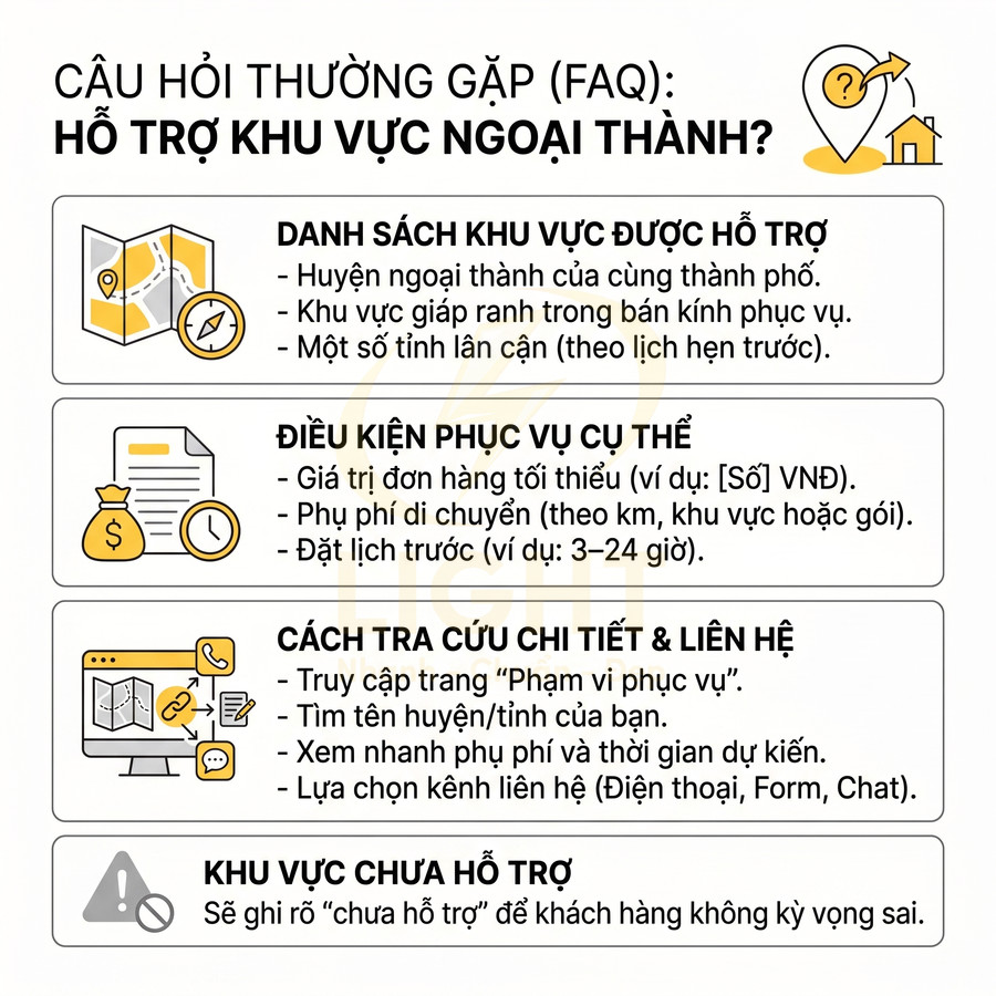Hướng dẫn FAQ về hỗ trợ giao hàng khu vực ngoại thành, điều kiện phục vụ, cách tra cứu và khu vực chưa hỗ trợ