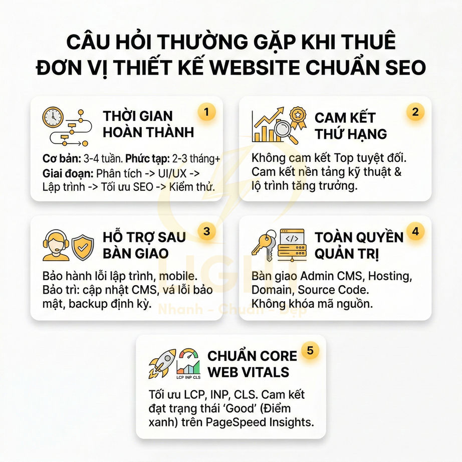 Câu hỏi thường gặp khi thuê dịch vụ thiết kế website chuẩn SEO và các cam kết hỗ trợ, bảo trì, tối ưu Web Vitals