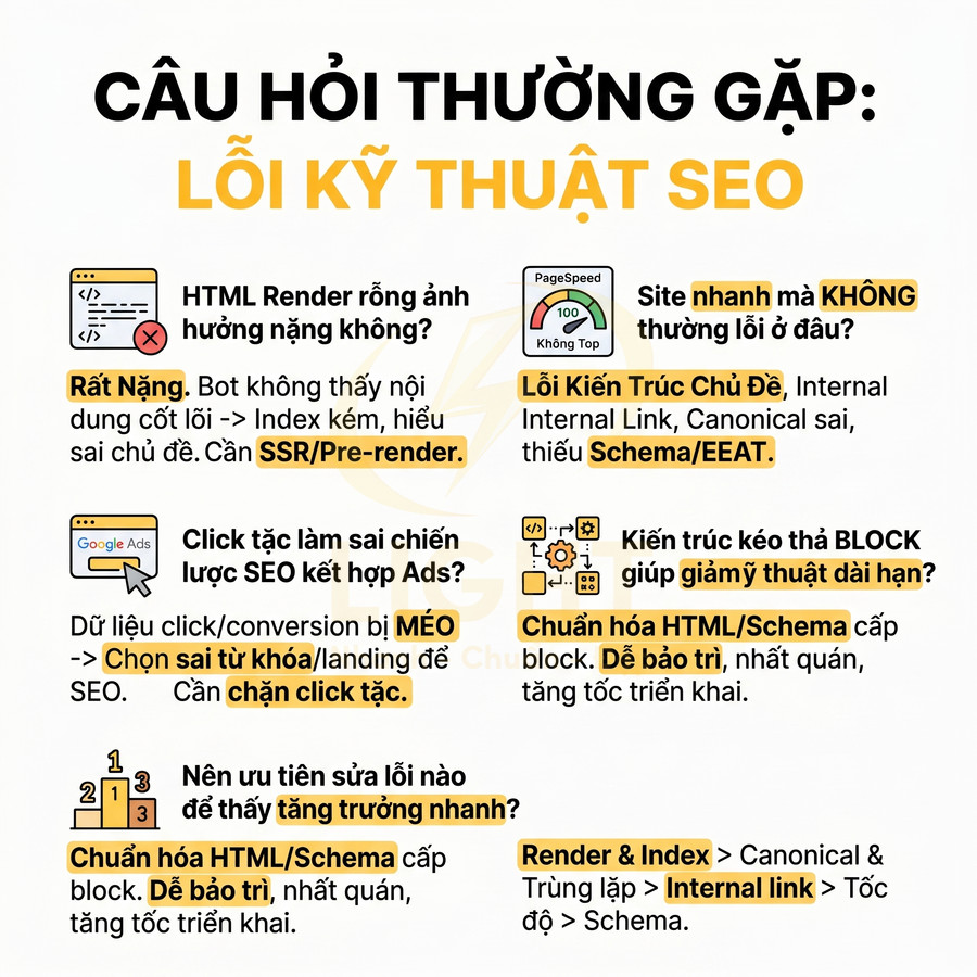 Các lỗi kỹ thuật SEO thường gặp và cách tối ưu HTML, Schema, internal link, render, tốc độ tải trang