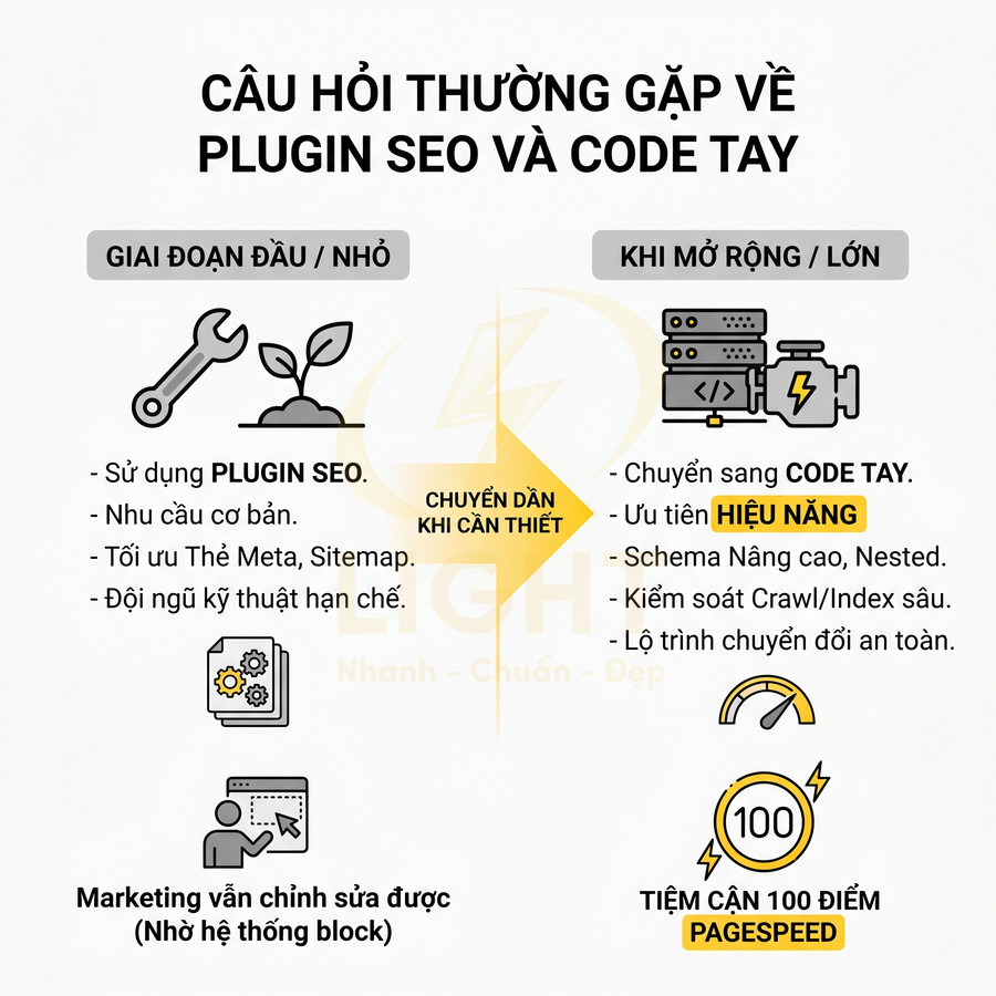 Infographic so sánh dùng plugin SEO và code tay, nêu ưu điểm hiệu năng, schema nâng cao và tối ưu điểm PageSpeed