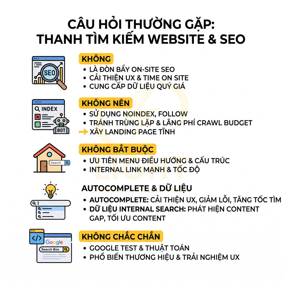 Infographic giải thích vai trò thanh tìm kiếm website trong SEO, UX, autocomplete và dữ liệu internal search