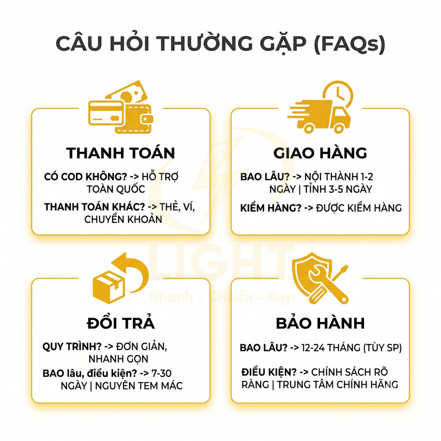 Chính sách thanh toán giao hàng đổi trả bảo hành của shop với thông tin COD, thời gian giao và điều kiện bảo hành