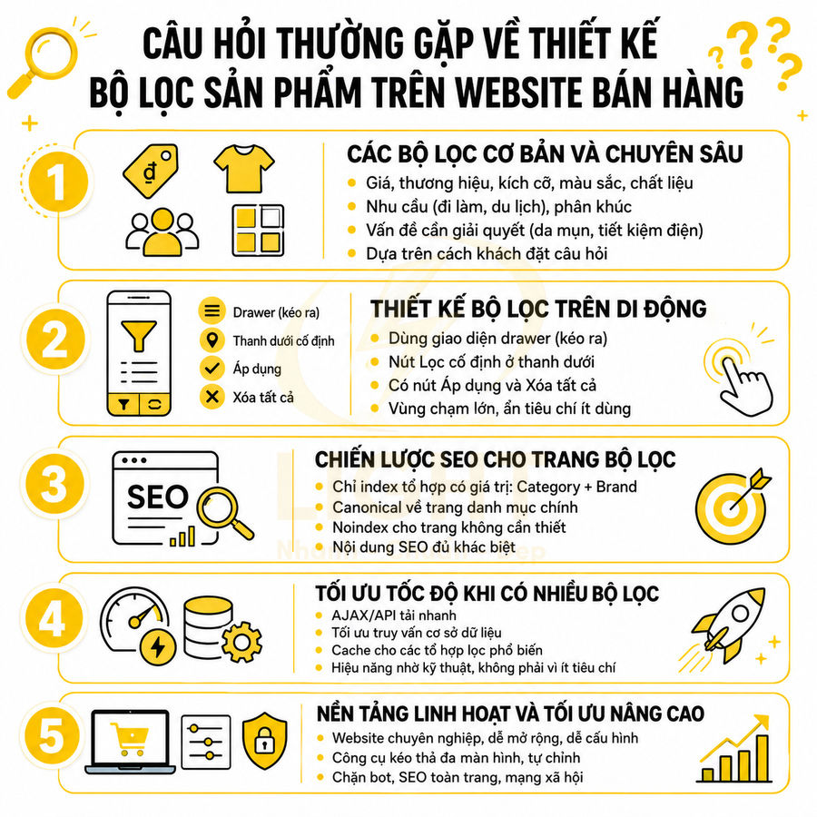 Infographic hướng dẫn thiết kế bộ lọc sản phẩm trên website bán hàng và tối ưu SEO, tốc độ, nền tảng linh hoạt