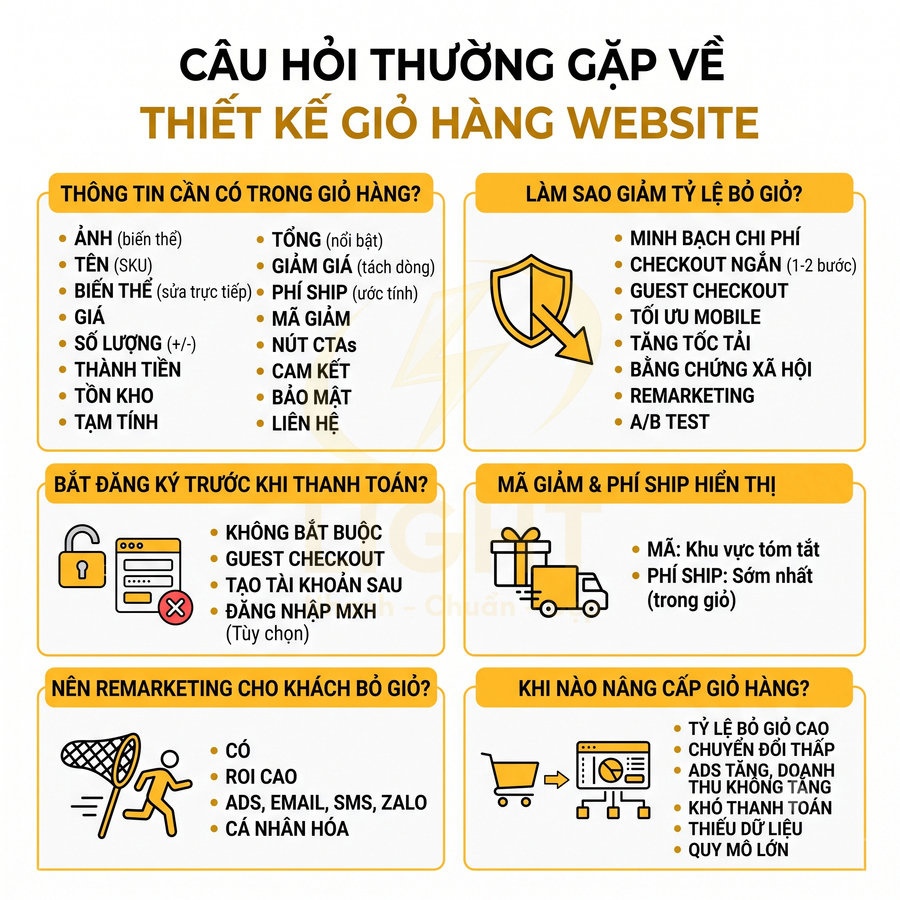 Infographic câu hỏi thường gặp về thiết kế giỏ hàng website và tối ưu tỷ lệ bỏ giỏ hàng