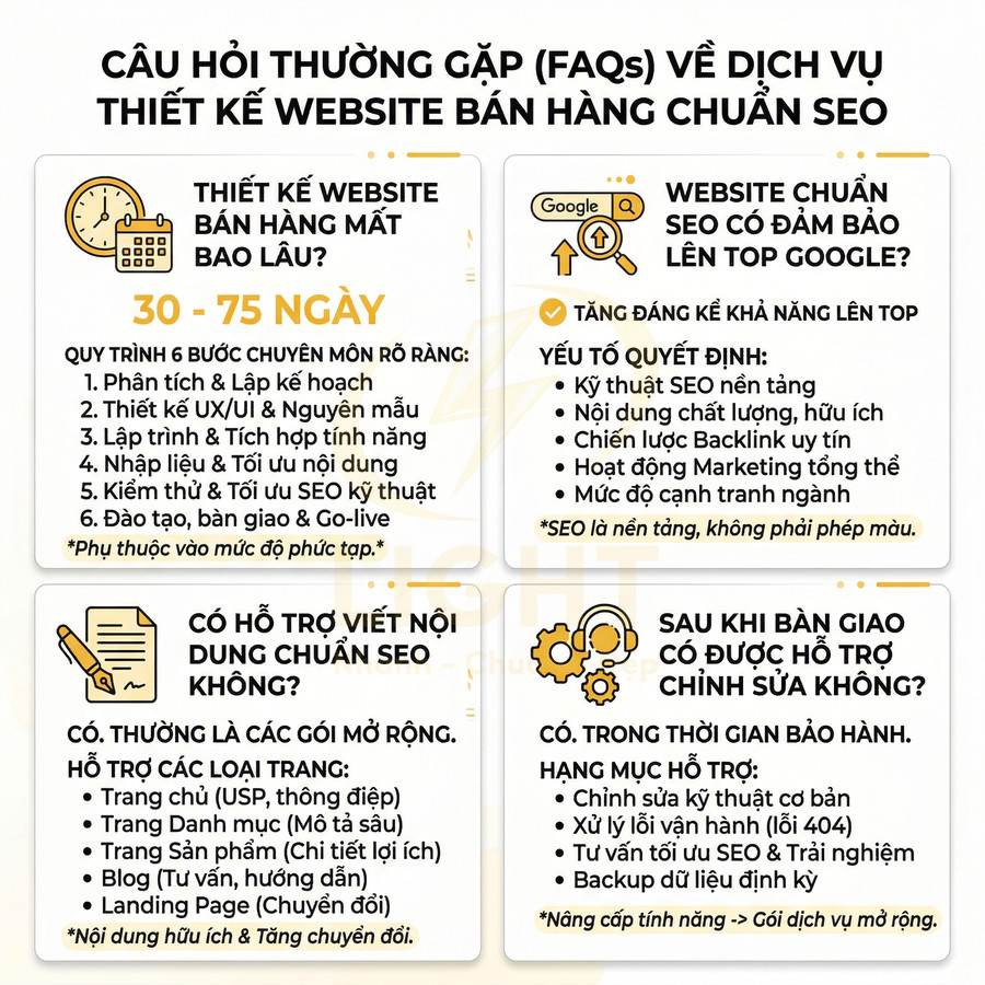 FAQs dịch vụ thiết kế website bán hàng chuẩn SEO với quy trình, hỗ trợ nội dung và bảo hành chỉnh sửa