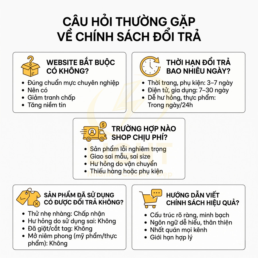 Infographic câu hỏi thường gặp về chính sách đổi trả hàng hóa cho shop online, điều kiện và thời hạn đổi trả