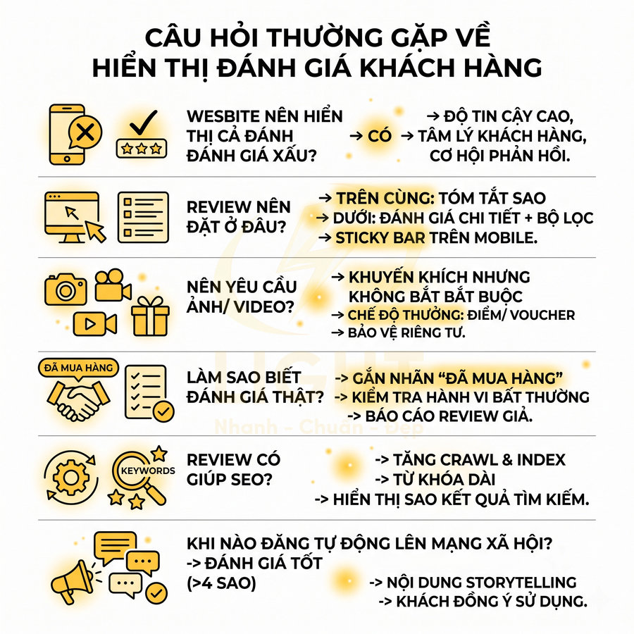 Infographic câu hỏi thường gặp về hiển thị đánh giá khách hàng và cách tối ưu review trên website