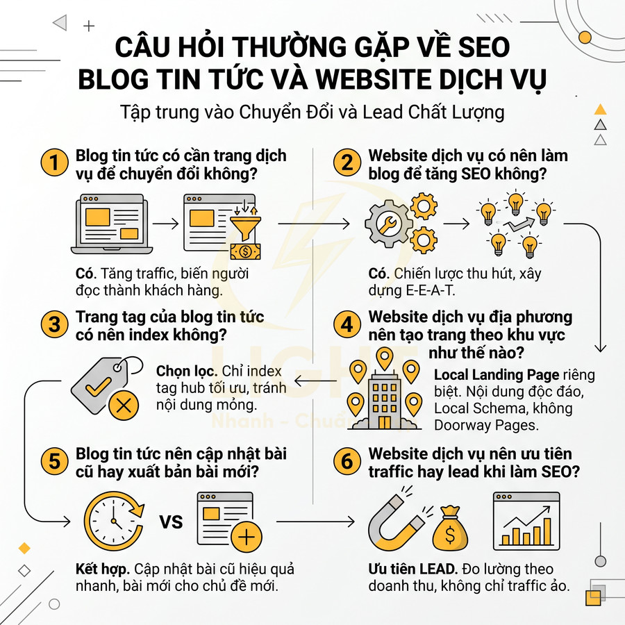 Infographic câu hỏi thường gặp về SEO cho blog tin tức và website dịch vụ, tập trung chuyển đổi và lead chất lượng