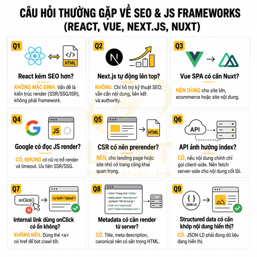 Infographic các câu hỏi thường gặp về SEO với React, Vue, Next.js, Nuxt và cách tối ưu render nội dung