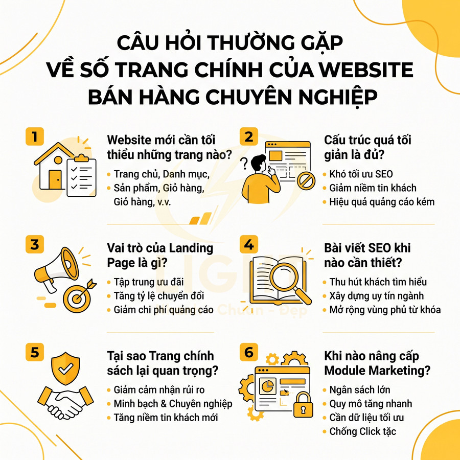 Infographic câu hỏi thường gặp về số trang chính cần có cho website bán hàng chuyên nghiệp