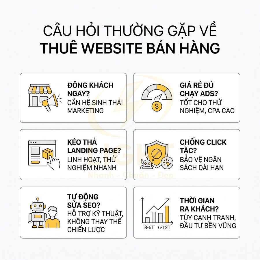 Câu hỏi thường gặp về dịch vụ thuê website bán hàng, lợi ích marketing, chạy ads, SEO và thời gian ra khách