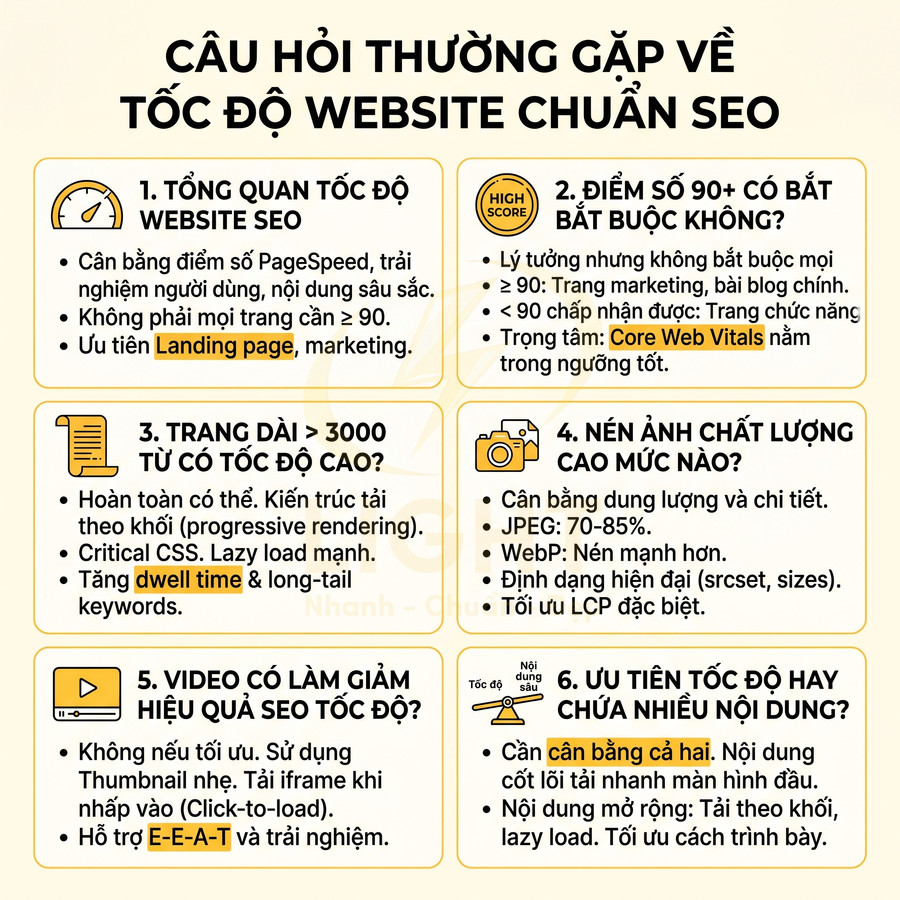 Infographic câu hỏi thường gặp về tối ưu tốc độ website chuẩn SEO và cách cân bằng nội dung với hiệu suất tải trang