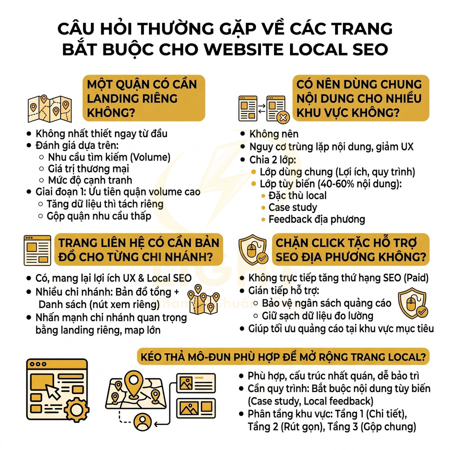 Câu hỏi thường gặp về các trang bắt buộc cho website Local SEO và hướng dẫn tối ưu nội dung, landing page, chi nhánh