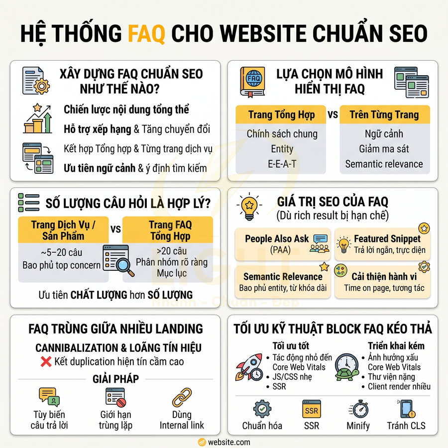 Infographic hệ thống FAQ chuẩn SEO cho website, hướng dẫn xây dựng nội dung, mô hình hiển thị và tối ưu kỹ thuật