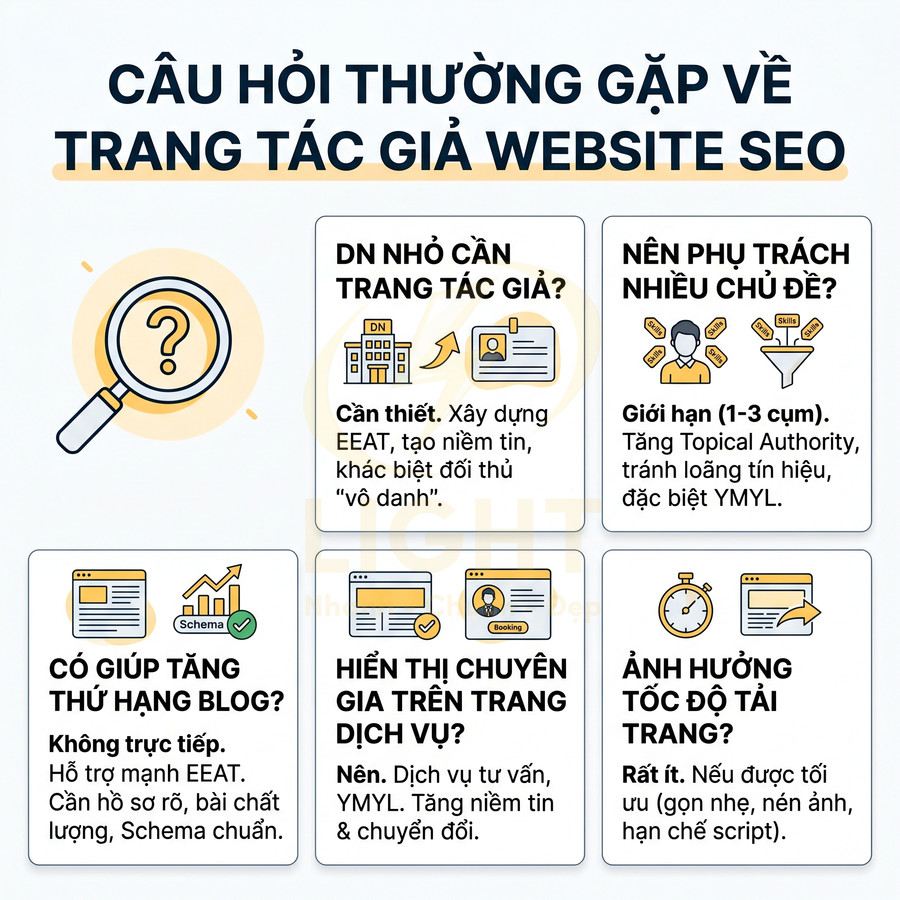 Infographic câu hỏi thường gặp về trang tác giả website SEO và lợi ích EEAT cho doanh nghiệp nhỏ