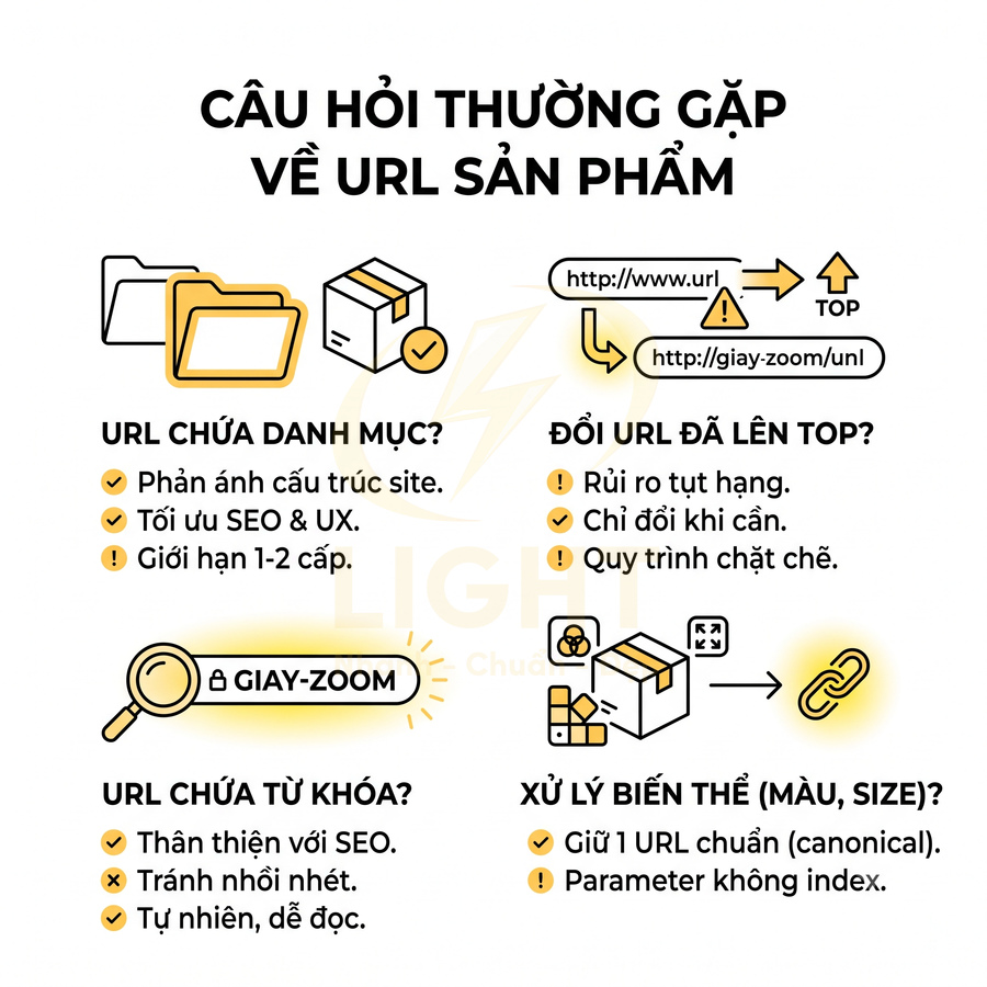 Infographic hướng dẫn tối ưu URL sản phẩm cho SEO với danh mục, từ khóa và xử lý biến thể sản phẩm