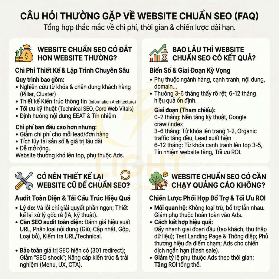 Infographic giải đáp câu hỏi thường gặp về chi phí, thời gian và chiến lược cho website chuẩn SEO