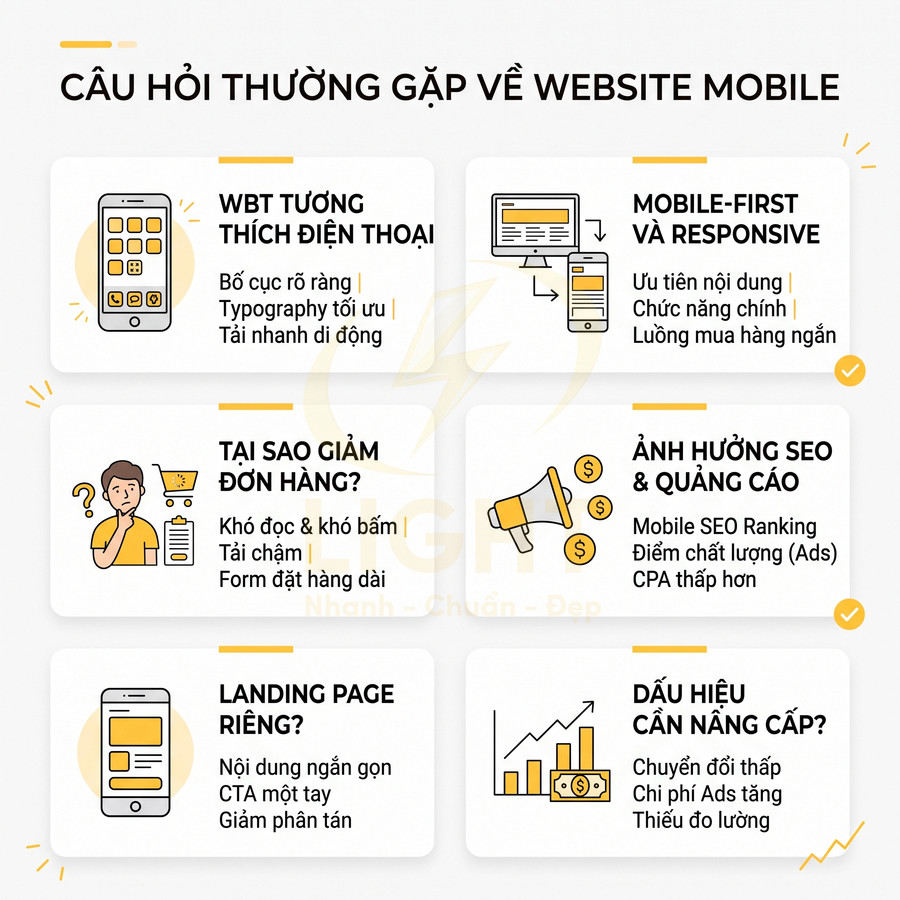 Infographic câu hỏi thường gặp về tối ưu website mobile, responsive, SEO, landing page và dấu hiệu cần nâng cấp