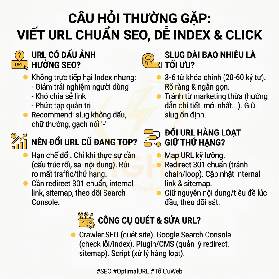 Infographic hướng dẫn viết URL chuẩn SEO, tối ưu slug, đổi URL và dùng công cụ quét sửa lỗi website