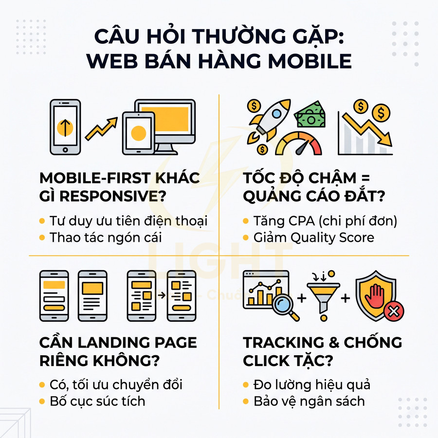Infographic câu hỏi thường gặp về web bán hàng mobile, mobile first, tốc độ tải, landing page và tracking quảng cáo