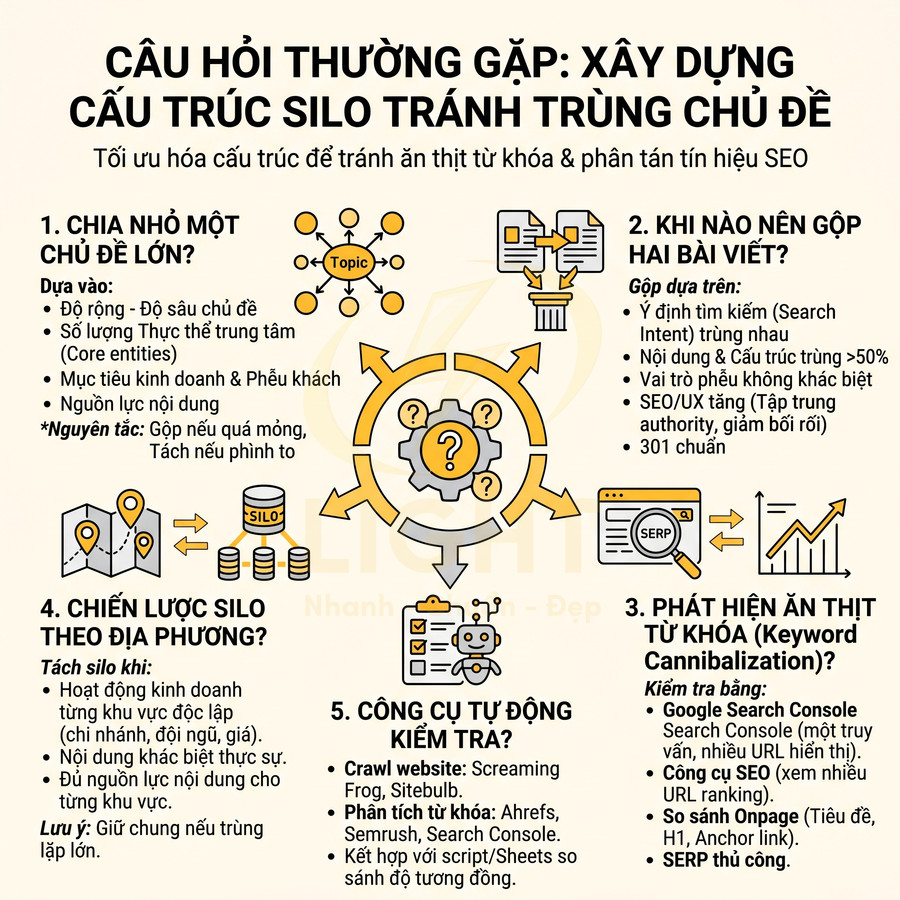 Infographic hướng dẫn xây dựng cấu trúc silo tránh trùng chủ đề và ăn thịt từ khóa trong SEO