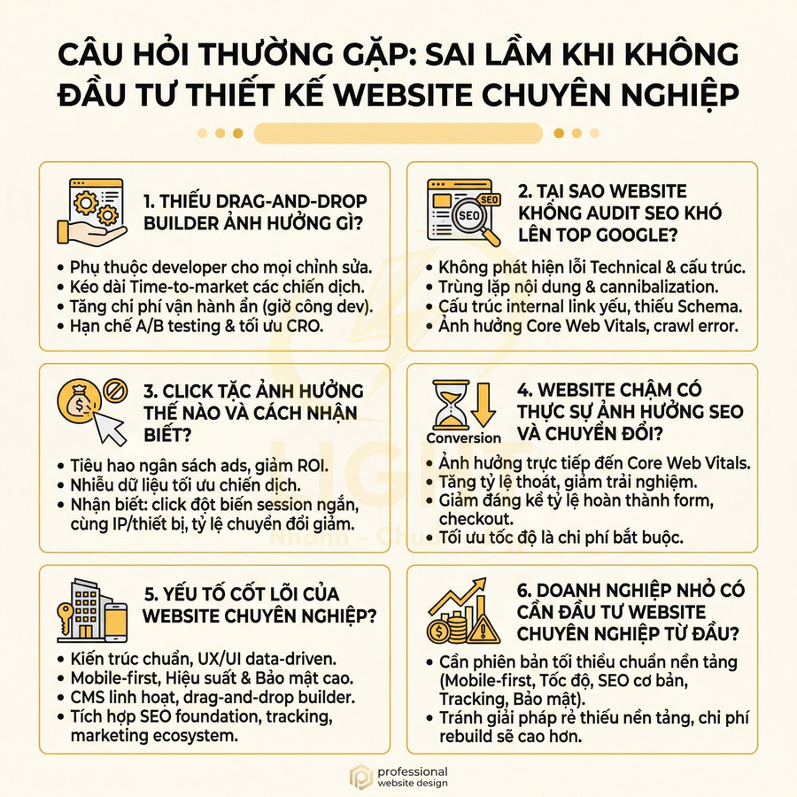 Infographic các sai lầm khi không đầu tư thiết kế website chuyên nghiệp và giải pháp tối ưu SEO, UX, chuyển đổi