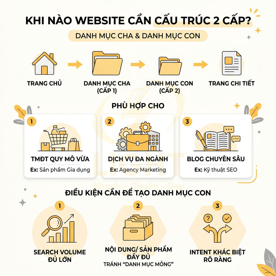 Hướng dẫn cấu trúc website 2 cấp với danh mục cha con, ví dụ cho TMĐT, dịch vụ đa ngành và blog chuyên sâu