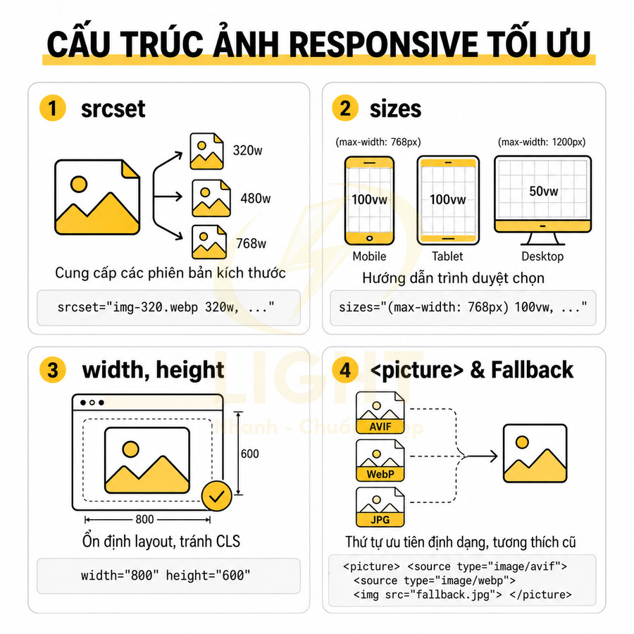 Hướng dẫn cấu trúc ảnh responsive tối ưu với srcset sizes width height và thẻ picture cho web