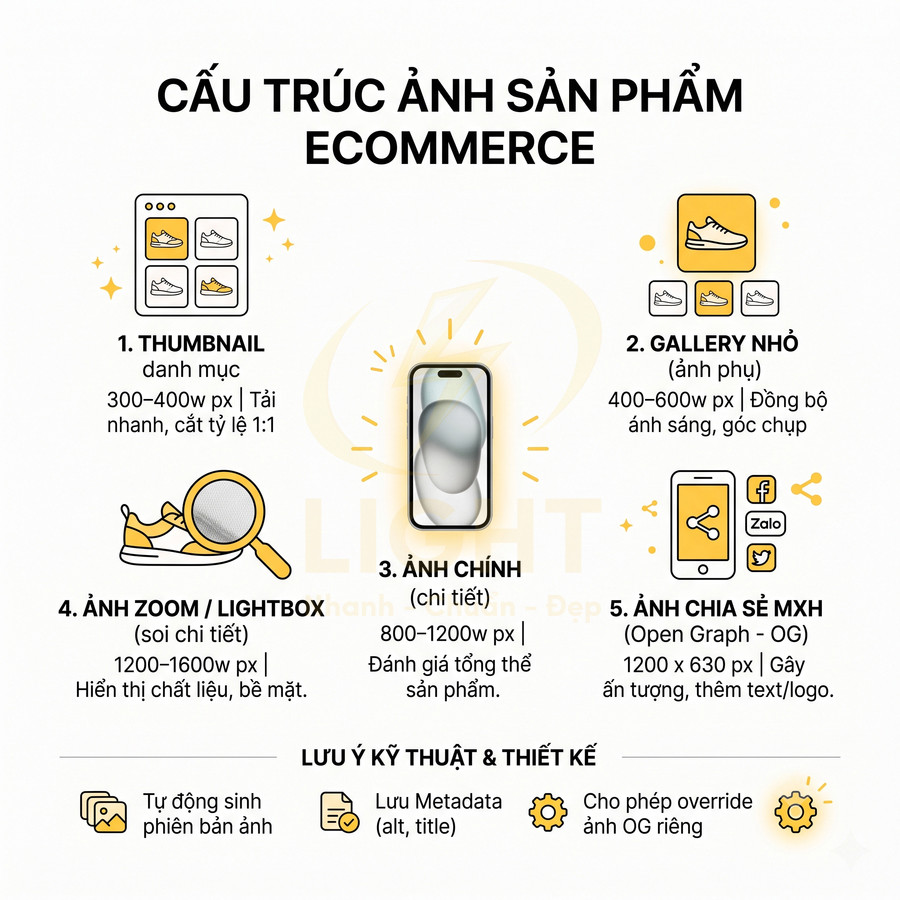 Hướng dẫn cấu trúc ảnh sản phẩm ecommerce với thumbnail, gallery, ảnh chính, ảnh zoom và ảnh chia sẻ mạng xã hội