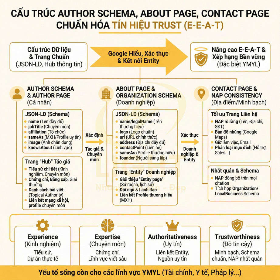 Sơ đồ cấu trúc author schema about page contact page tối ưu E-E-A-T và tín hiệu trust cho SEO