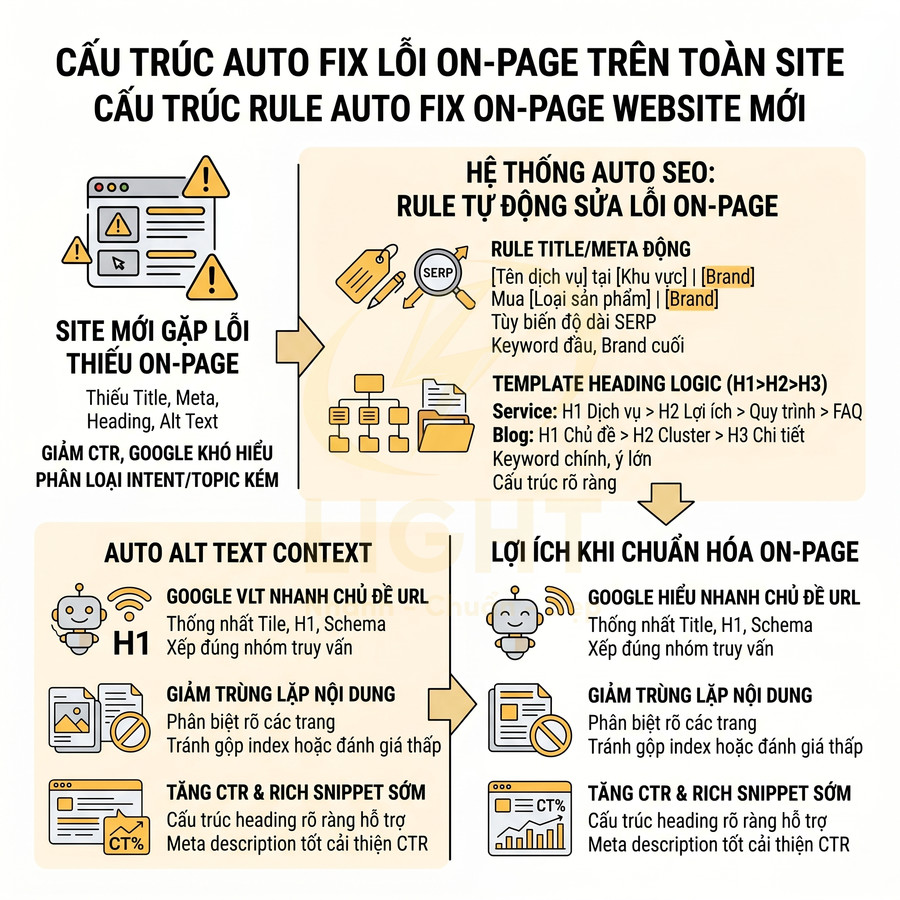 Infographic quy trình auto fix lỗi onpage SEO toàn site, tối ưu title, heading, alt text và tăng CTR, rich snippet