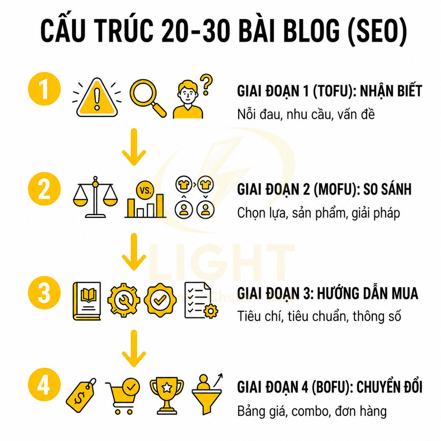 Cấu trúc 4 giai đoạn xây dựng 20 30 bài blog SEO từ nhận biết đến chuyển đổi