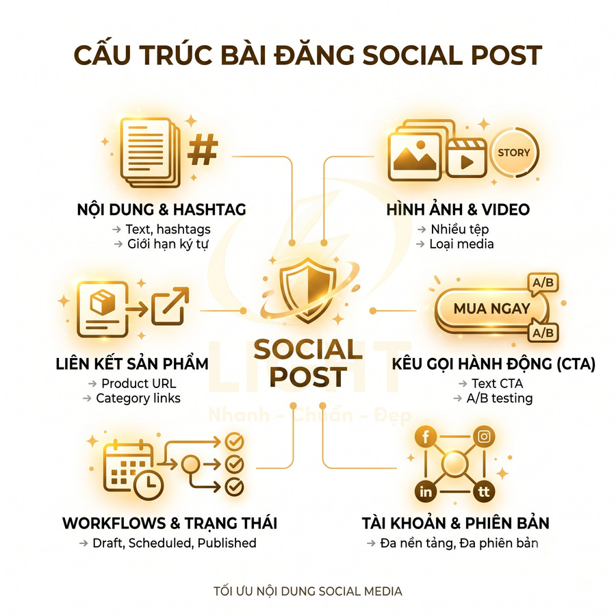 Infographic cấu trúc bài đăng social post với nội dung hashtag, hình ảnh video, CTA, liên kết sản phẩm và tài khoản mạng xã hội