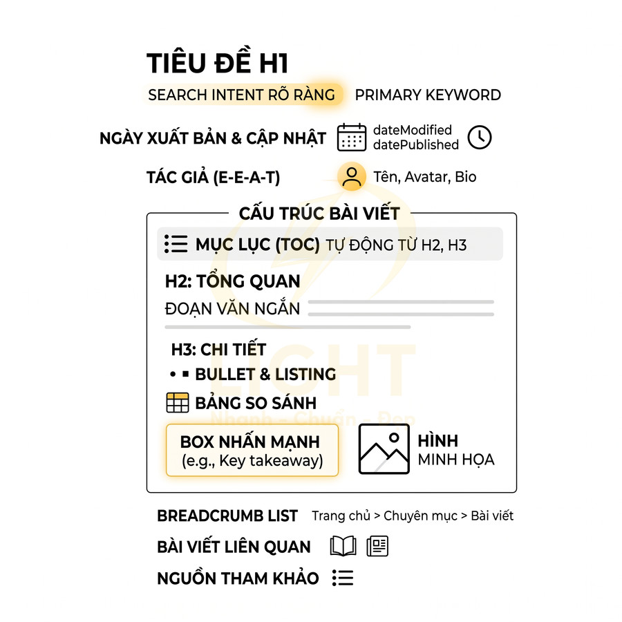 Mẫu cấu trúc bài viết chuẩn SEO với tiêu đề H1, mục lục, heading, box nhấn mạnh và hình minh họa