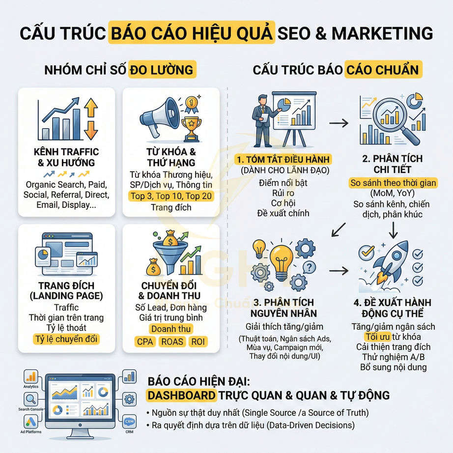 Cấu trúc báo cáo hiệu quả SEO marketing với nhóm chỉ số đo lường và dashboard trực quan