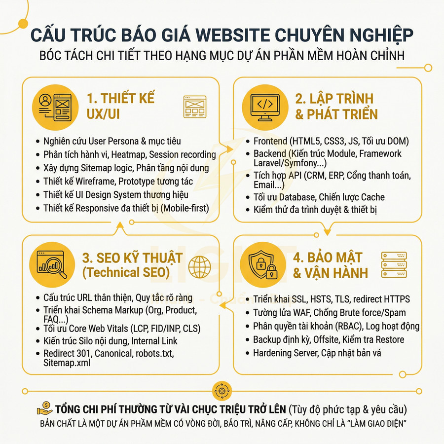 Cấu trúc báo giá dịch vụ thiết kế website chuyên nghiệp với các hạng mục UX UI lập trình SEO bảo mật vận hành