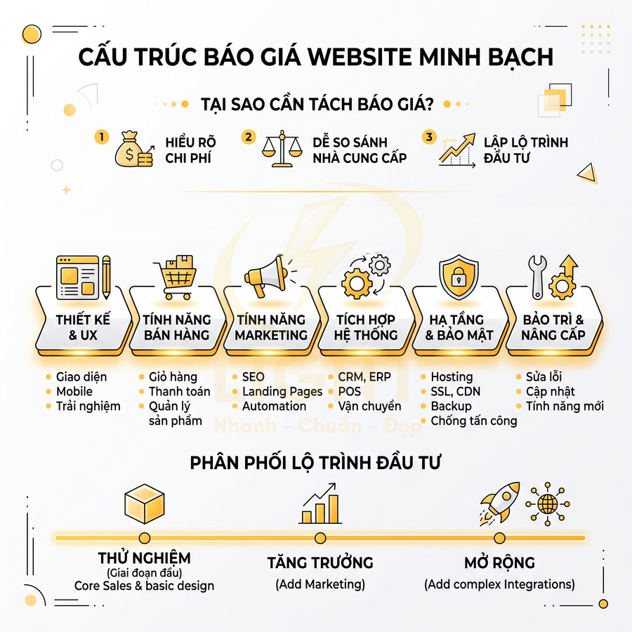 Cấu trúc báo giá thiết kế website minh bạch với các hạng mục chi phí và lộ trình đầu tư