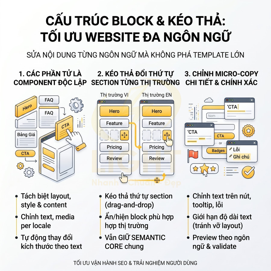 Mô hình cấu trúc block kéo thả tối ưu website đa ngôn ngữ với các section Hero, Feature, Pricing, Review