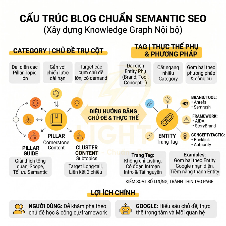 Cấu trúc blog chuẩn Semantic SEO với category, pillar, cluster content và tag thực thể phụ, lợi ích cho người dùng và Google