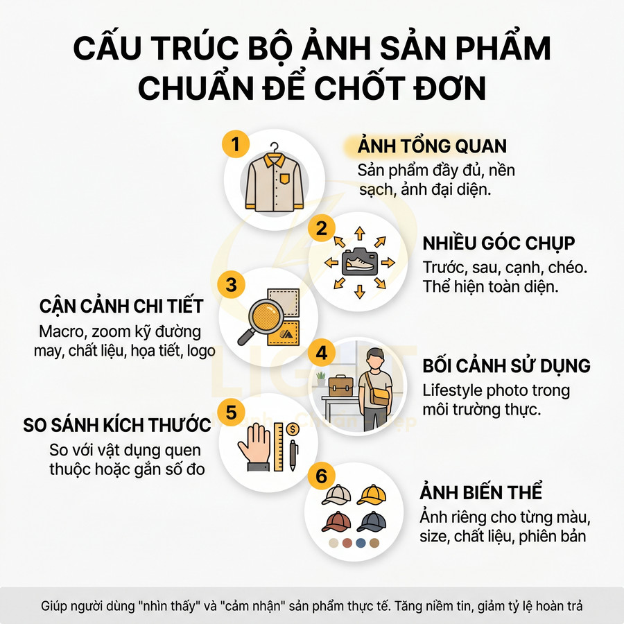 Hướng dẫn chụp bộ ảnh sản phẩm chuẩn SEO với ảnh tổng quan, cận cảnh, nhiều góc chụp, bối cảnh sử dụng, so sánh kích thước