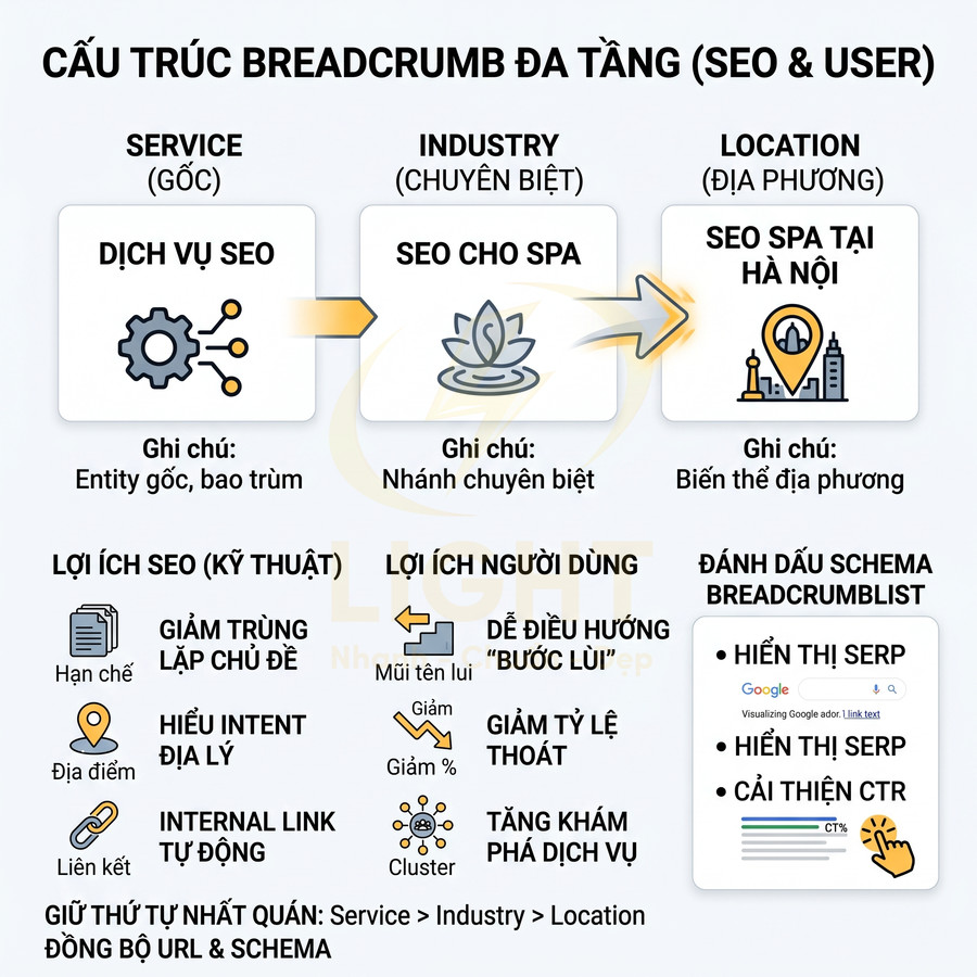 Cấu trúc breadcrumb đa tầng cho dịch vụ SEO spa theo service industry location và lợi ích SEO user