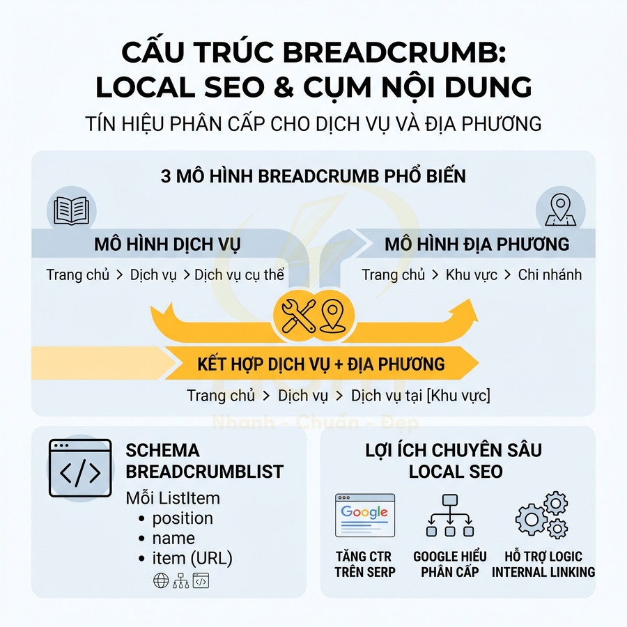 Cấu trúc breadcrumb cho Local SEO và cụm nội dung, mô hình dịch vụ và địa phương, lợi ích tăng CTR và internal linking