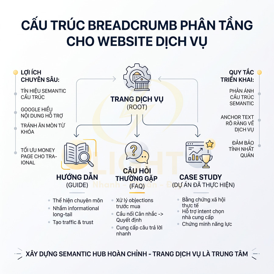 Sơ đồ cấu trúc breadcrumb phân tầng cho website dịch vụ với trang dịch vụ, hướng dẫn, FAQ và case study