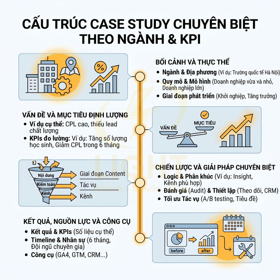 Infographic cấu trúc case study marketing theo ngành và KPI với các bước bối cảnh vấn đề chiến lược kết quả