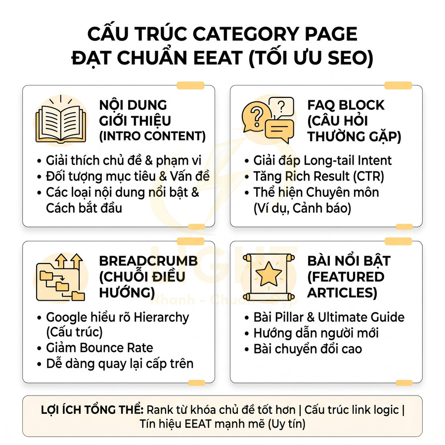 Cấu trúc category page chuẩn EEAT với intro content, FAQ, breadcrumb và bài viết nổi bật tối ưu SEO
