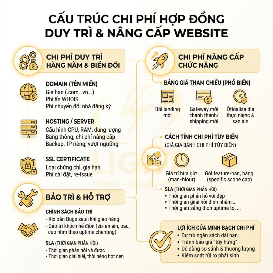 Cấu trúc chi phí hợp đồng duy trì và nâng cấp website gồm domain hosting SSL bảo trì và nâng cấp chức năng
