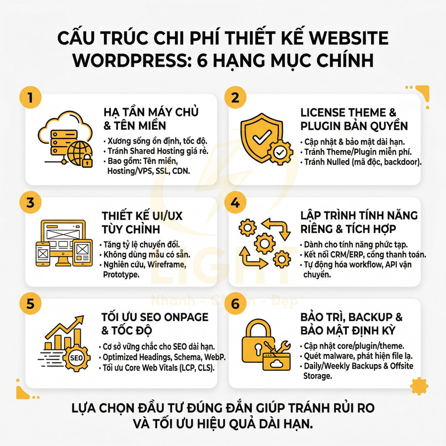 Cấu trúc chi phí thiết kế website WordPress với 6 hạng mục chính và lợi ích tối ưu dài hạn