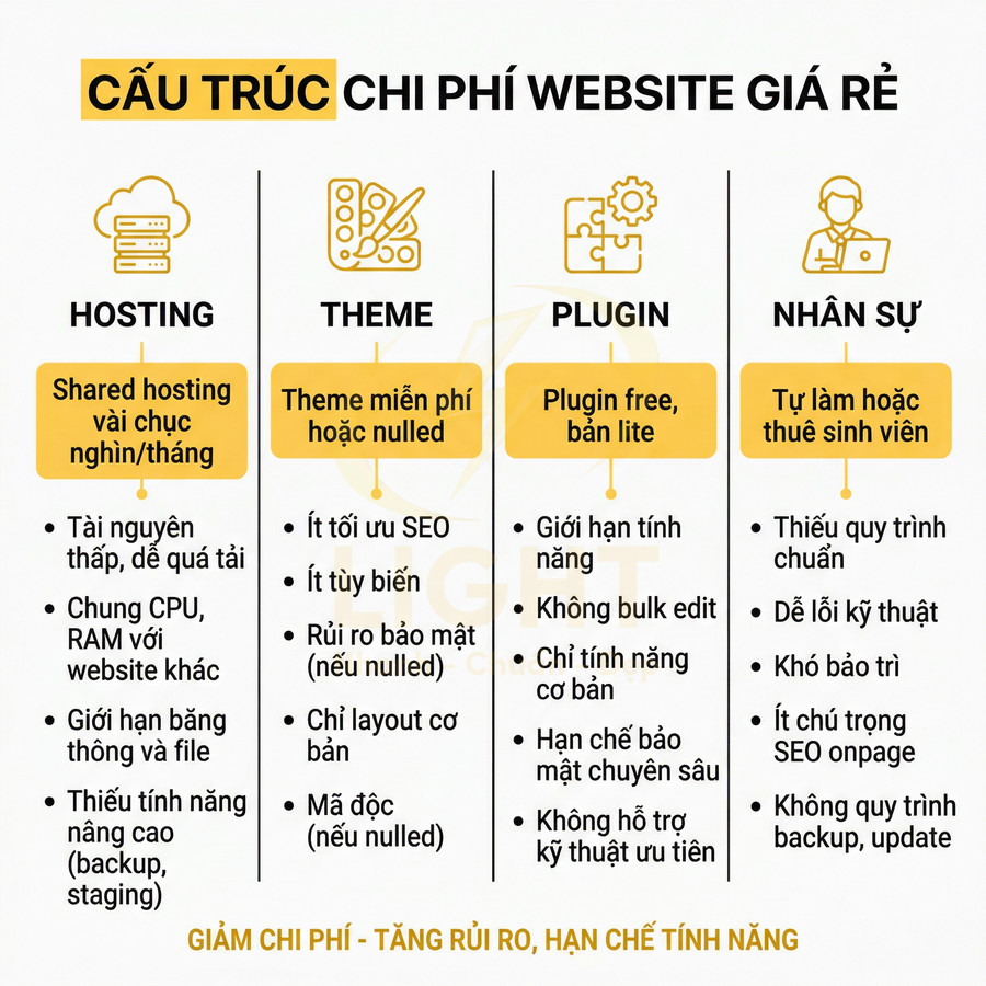 Cấu trúc chi phí website giá rẻ với hosting, theme, plugin và nhân sự cùng các hạn chế, rủi ro đi kèm