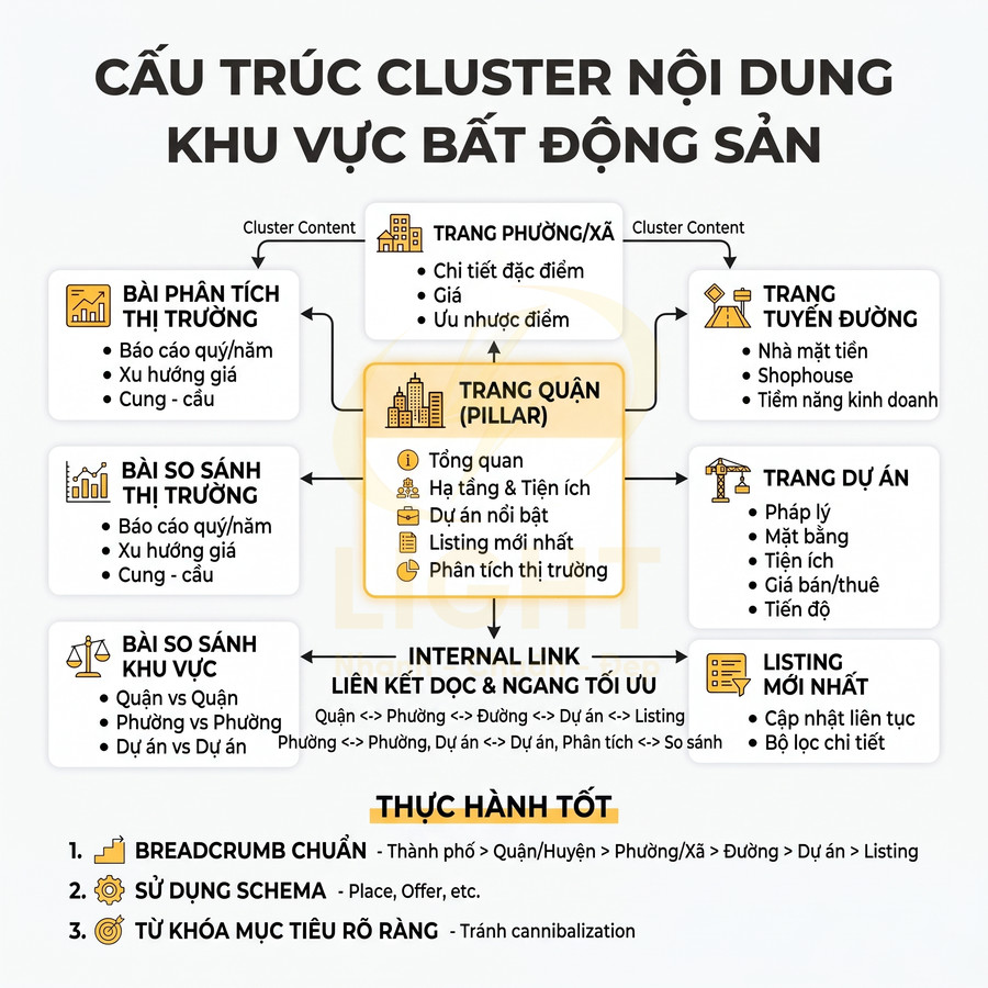 Cấu trúc cluster nội dung khu vực bất động sản với trang quận pillar và các trang vệ tinh liên kết internal link