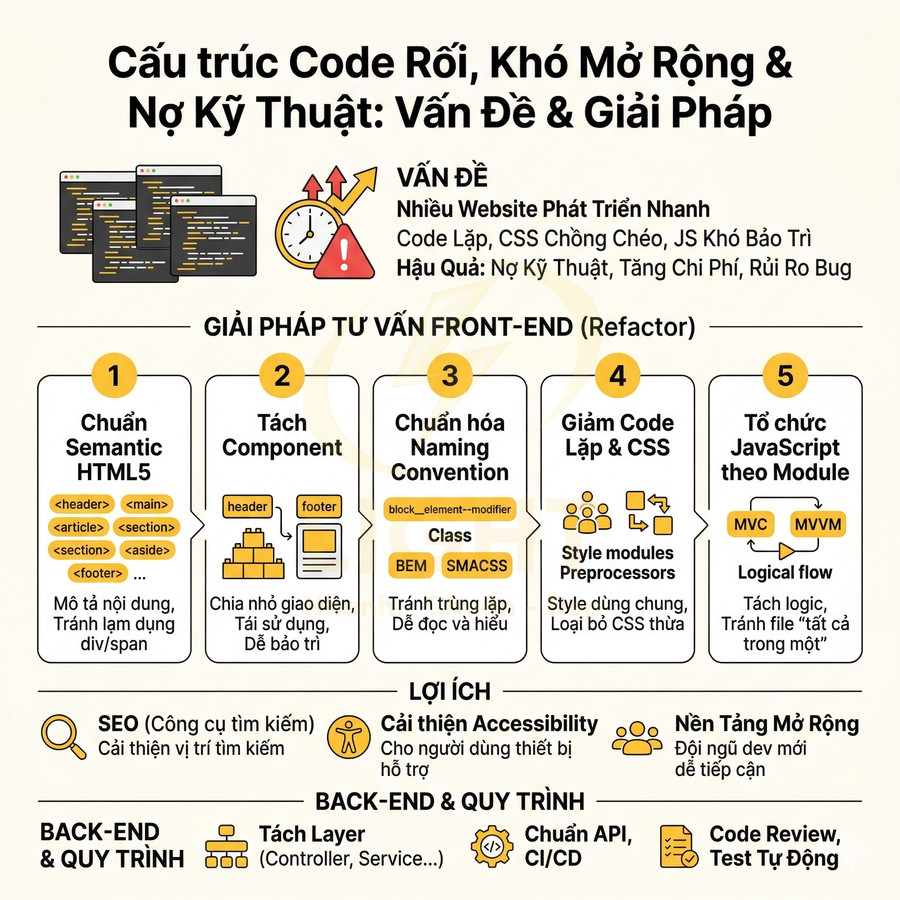 Infographic giải pháp tư vấn front end refactor giảm nợ kỹ thuật tối ưu cấu trúc code HTML CSS JavaScript cho website